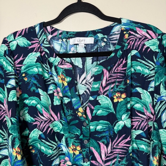 Loft Tropical Palm Henley Flounce Linen Blend Shirt Dress 3/4 Sleeve Size XL - Picture 4 of 8